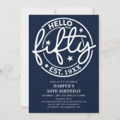 ネイビーブルーハローフィフティ50誕生日 招待状 (正面)