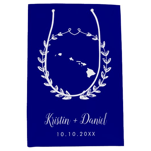 ネイビーブルーハワイ地図結婚の歓迎スワッグ ミディアムペーパーバッグ (正面)
