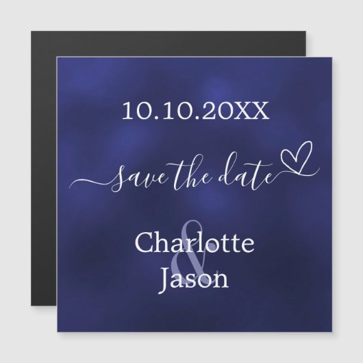 ネイビーブルーハートウェディングデイトマグネットを保存 (正面/裏面)