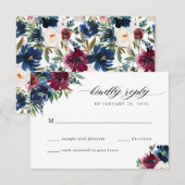 ネイビーブルーバイオレットフラワーブルームウォーターカラーウェディング 出欠カード (正面/裏面)