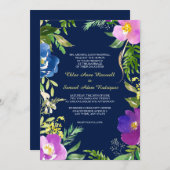 ネイビーブルーバイオレットモダンフローラ結婚ズ 招待状 (正面/裏面)