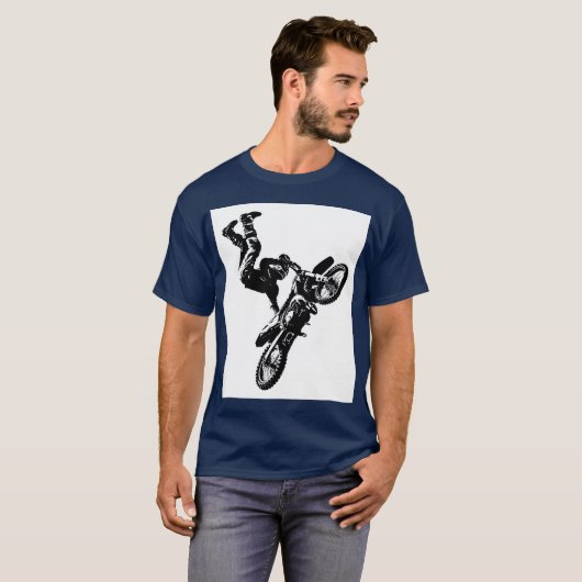 ネイビーブルーバイクもしくは自転車に乗る人アポップ・アートのートやる気を起こさせるトレンディー Tシャツ (正面フル)