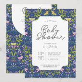 ネイビーブルーバタフライフローラダマスクベビーシャワー 招待状 (正面/裏面)