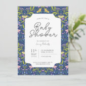 ネイビーブルーバタフライフローラダマスクベビーシャワー 招待状 (スタンド正面)