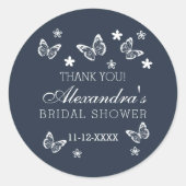 ネイビーブルーバタフライブライダルシャワーありがとう ラウンドシール (正面)