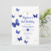 ネイビーブルーバタフライボーイガール第3バースデーバプテスマ 招待状 (スタンド正面)