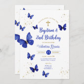 ネイビーブルーバタフライボーイガール第3バースデーバプテスマ 招待状 (正面/裏面)