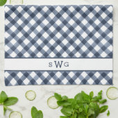 ネイビーブルーバッファロープレイドスリーイニシャルモノグラム キッチンタオル (折り畳み)