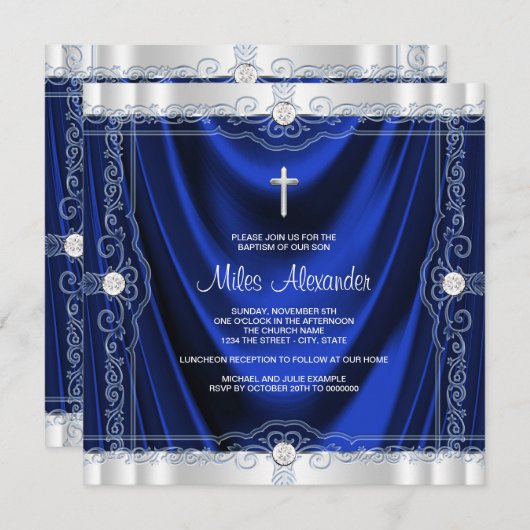 ネイビーブルーバプテスマ王室の《キリスト教》洗礼式や命名式ブルーサテン 招待状 (正面/裏面)
