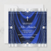 ネイビーブルーバプテスマ王室の《キリスト教》洗礼式や命名式ブルーサテン 招待状 (正面)