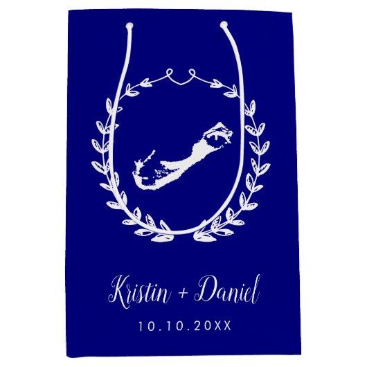 ネイビーブルーバミューダ結婚マップの歓迎スワッグ ミディアムペーパーバッグ (正面)