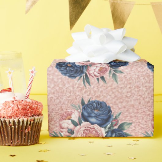 ネイビーブルーバラとバラ金ゴールド牡丹結婚ズ ラッピングペーパー (誕生日パーティー)