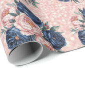 ネイビーブルーバラとバラ金ゴールド牡丹結婚ズ ラッピングペーパー (ロールコーナー)