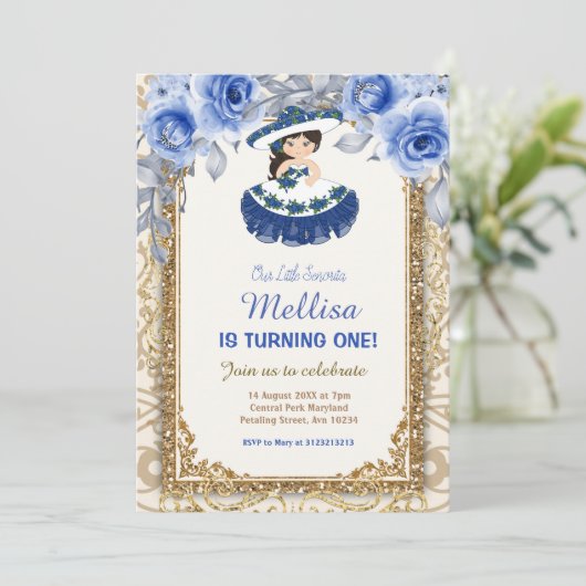 ネイビーブルーバラと金ゴールドメキシコ誕生日 招待状 (スタンド正面)