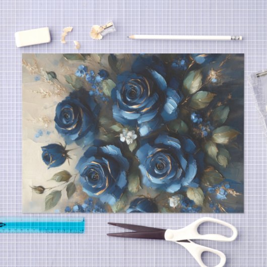 ネイビーブルーバラと金ゴールド印象派のデコページ 薄葉紙 (クラフト)