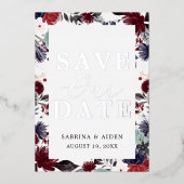 ネイビーブルーバラグリーン結婚式 Save The Date 箔招待状 (正面)