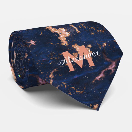 ネイビーブルーバラゴールドフォイルマーブルモノグラム ネクタイ (ロール)