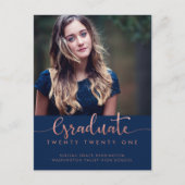 ネイビーブルーバラゴールドフォイル卒業スクリプト写真 案内ポストカード (正面)