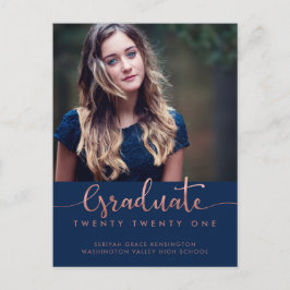 ネイビーブルーバラゴールドフォイル卒業スクリプト写真 案内ポストカード