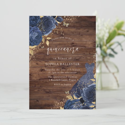 ネイビーブルーバラドレス金ゴールド素朴キンセアニェラパーティー 招待状 (スタンド正面)