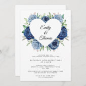 ネイビーブルーバラハート結婚式招待状 招待状 (正面/裏面)