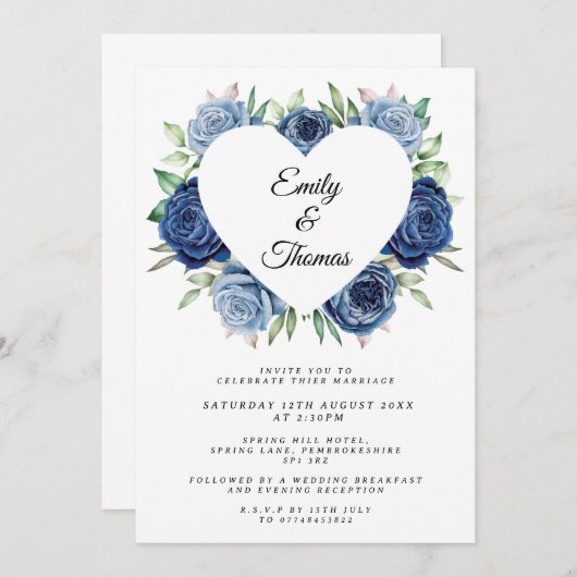 ネイビーブルーバラハート結婚式招待状 招待状 (正面/裏面)