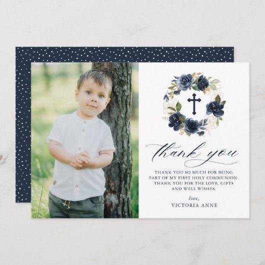 ネイビーブルーバラフローラリース写真第1聖餐会 サンキューカード (正面/裏面)