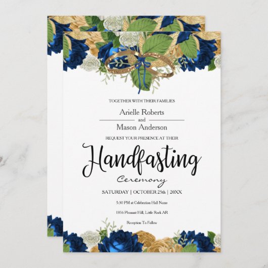 ネイビーブルーバラボホー金ゴールドハンドスティング 招待状 (正面/裏面)