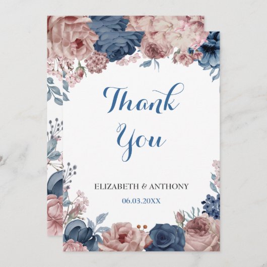 ネイビーブルーバラムーヴウォーターフローラ結婚ズ サンキューカード (正面/裏面)