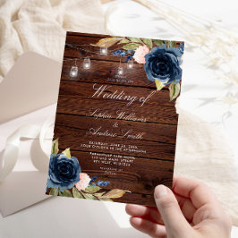 ネイビーブルーバラ素朴ウッド結婚式招待状 招待状