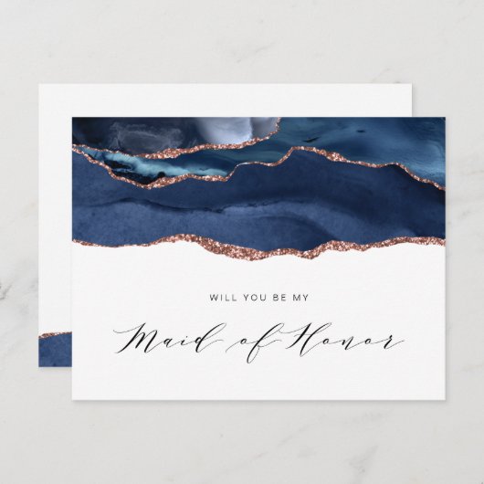 ネイビーブルーバラ金ゴールドが私のメイド・オブ・オーナー(花嫁付き添い人) インビテーションポストカード (正面/裏面)
