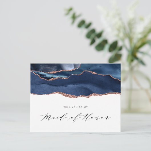 ネイビーブルーバラ金ゴールドが私のメイド・オブ・オーナー(花嫁付き添い人) インビテーションポストカード (スタンド正面)