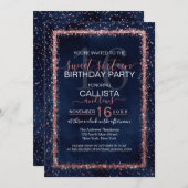 ネイビーブルーバラ金ゴールドふりかけ紙吹雪スウィート16 招待状 (正面/裏面)