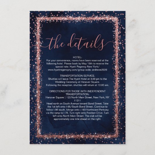 ネイビーブルーバラ金ゴールドふりかけ紙吹雪詳細 エンクロージャーカード (正面)