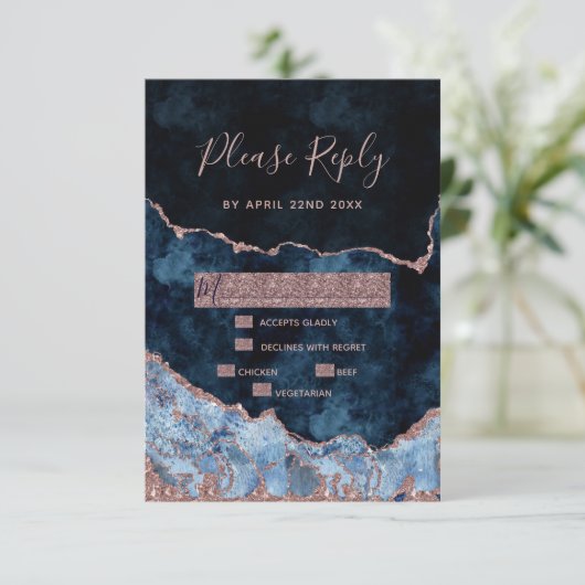 ネイビーブルーバラ金ゴールドアガテギルトウェディングRSVP返信 出欠カード (スタンド正面)