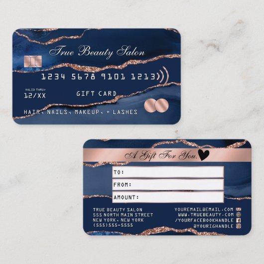 ネイビーブルーバラ金ゴールドアガテマーブルクレジットギフトカード 名刺 (正面/裏面)