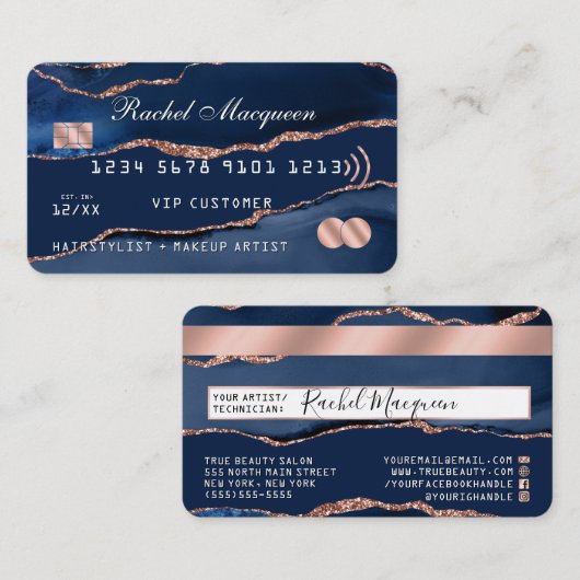 ネイビーブルーバラ金ゴールドアガテマーブルクレジット 名刺 (正面/裏面)