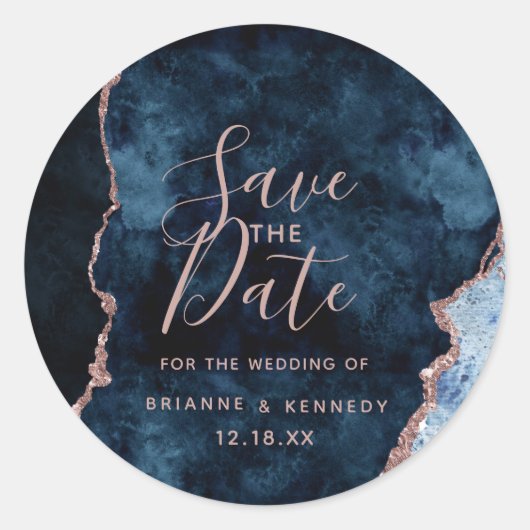 ネイビーブルーバラ金ゴールドアゲートマーブル日付を保存 ラウンドシール (正面)