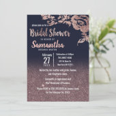 ネイビーブルーバラ金ゴールドグリッターフローラブライダルシャワー 招待状 (スタンド正面)