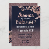 ネイビーブルーバラ金ゴールドグリッターフローラブリデスメイド 招待状 (正面/裏面)