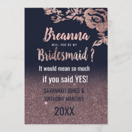 ネイビーブルーバラ金ゴールドグリッターフローラブリデスメイド 招待状
