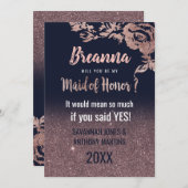 ネイビーブルーバラ金ゴールドグリッターフローラメイド・オブ・オーナー（花嫁付き添い人） 招待状 (正面/裏面)