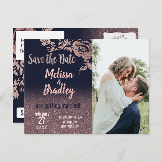 ネイビーブルーバラ金ゴールドグリッターフローラ保存日 案内ポストカード (正面/裏面)