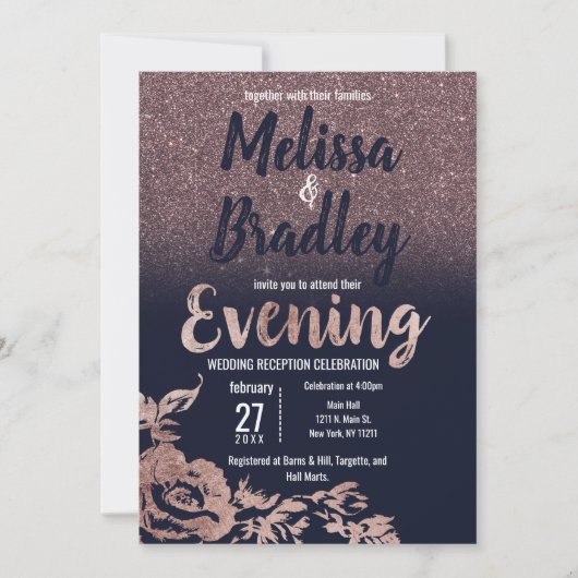 ネイビーブルーバラ金ゴールドグリッターフローラ夕べ 招待状 (正面)