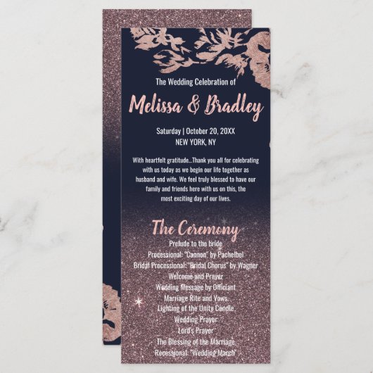 ネイビーブルーバラ金ゴールドグリッターフローラ結婚式 プログラム (正面/裏面)