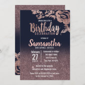 ネイビーブルーバラ金ゴールドグリッターフローラ誕生会 招待状 (正面/裏面)