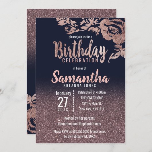 ネイビーブルーバラ金ゴールドグリッターフローラ誕生会 招待状 (正面/裏面)