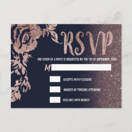 ネイビーブルーバラ金ゴールドグリッターフローラRSVP インビテーションポストカード