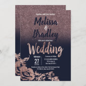 ネイビーブルーバラ金ゴールドグリッター結婚フローラ 招待状 (正面/裏面)