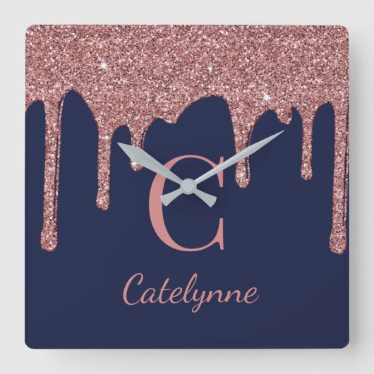 ネイビーブルーバラ金ゴールドスパークルグリッタードリップスモノグラム スクエア壁時計 (正面)